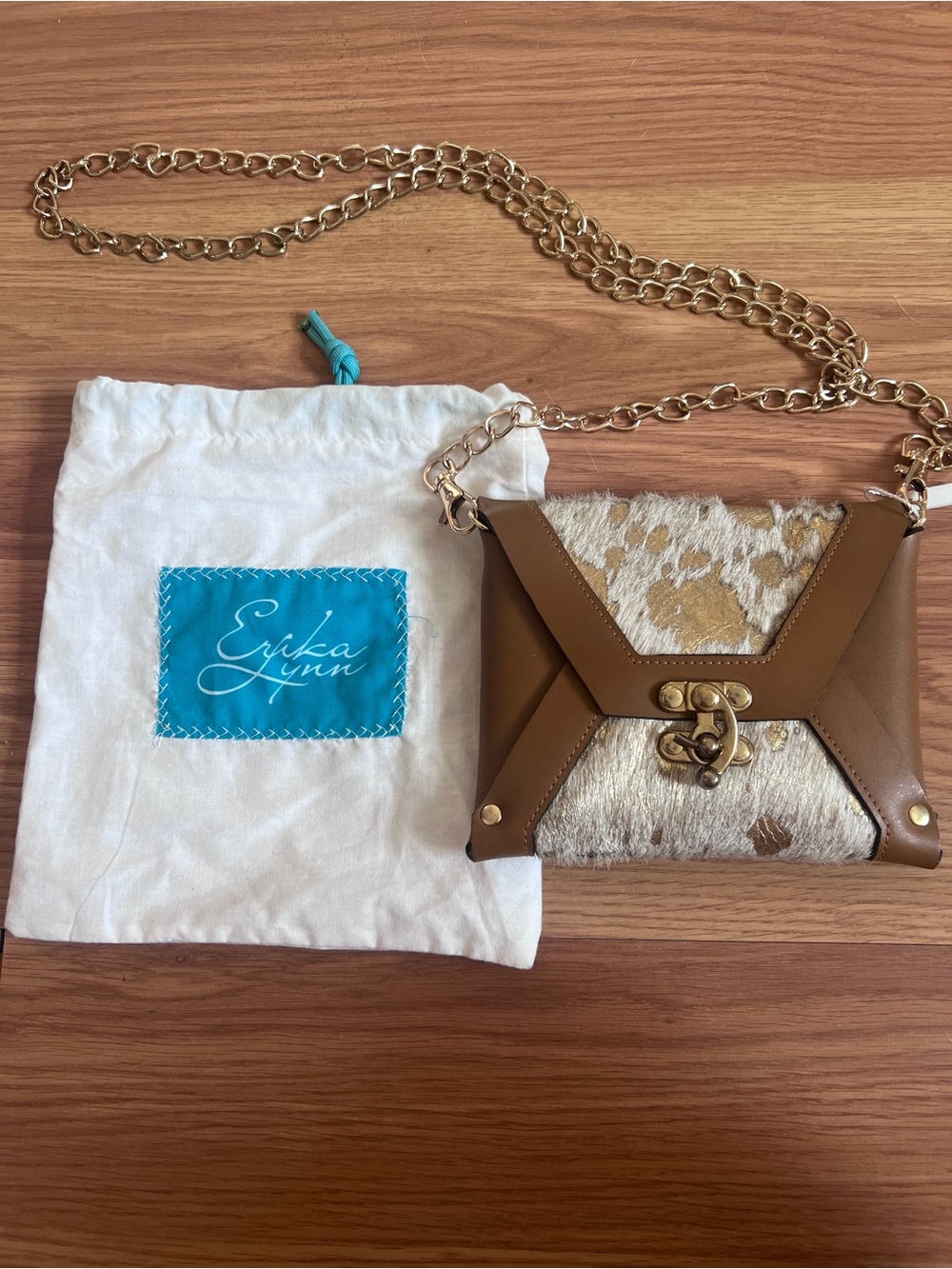 Tan Haircalf Crossbody with Gold Chain and Leather Trim